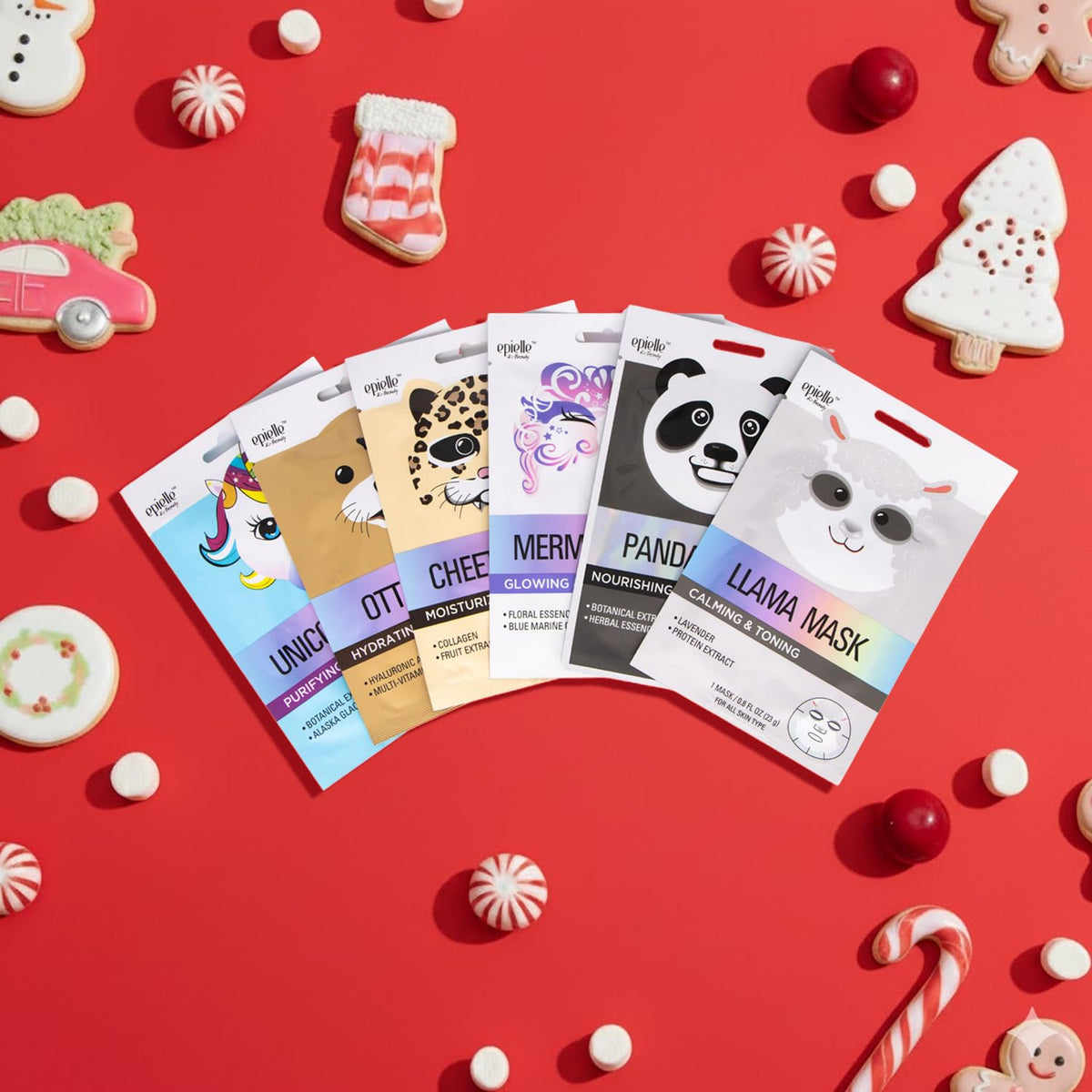 Group of six Epielle animal face masks in gift packaging