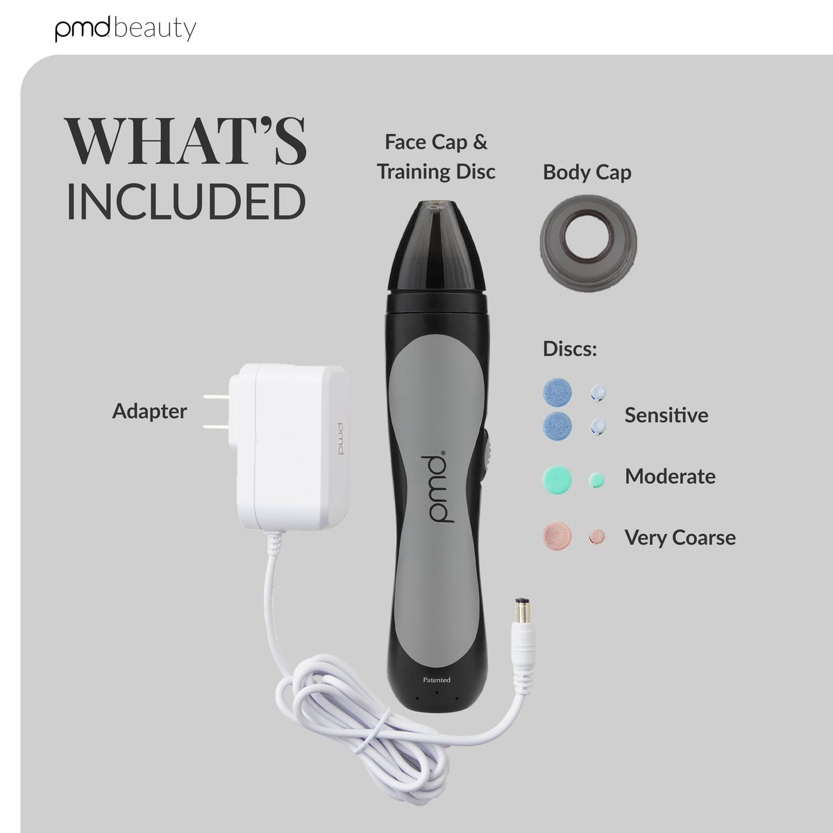 PMD Man skincare device with sensitive and coarse replacement discs laid out