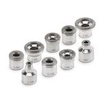 Complete set of nine microdermabrasion replacement tips showing varied diameters for precise pore cleansing