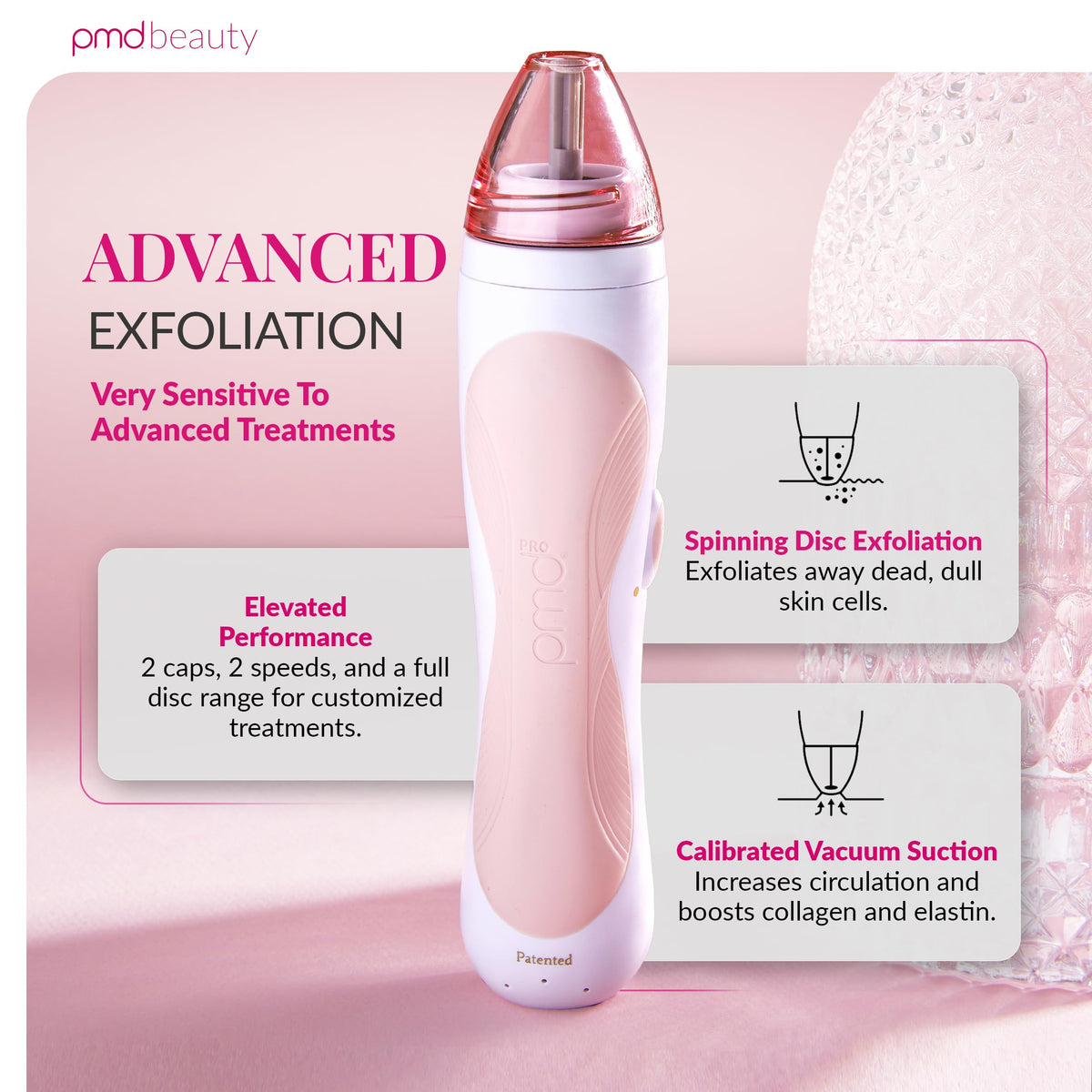 PMD Beauty at home microdermabrasion machine showing interchangeable face and body caps