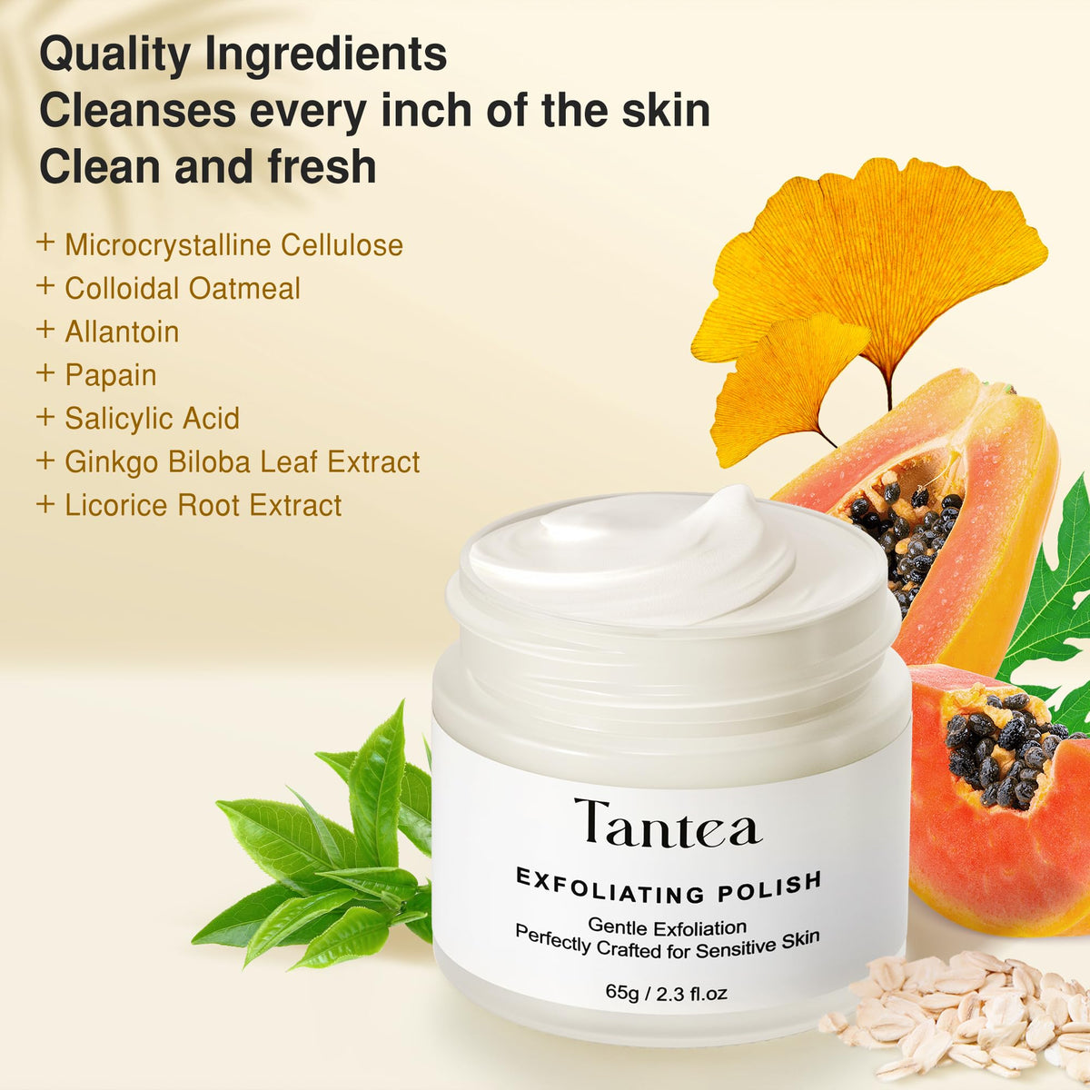 Tantea exfoliating facial polish jar showcasing active ingredients list