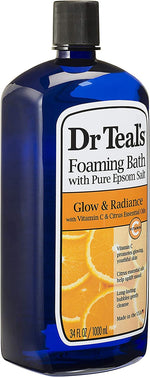 Side view of two 34 fluid ounce Dr Teal's Epsom salt foaming bath bottles showing product details
