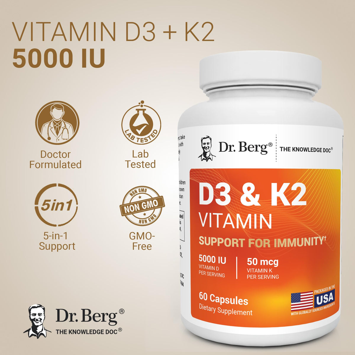 Dr. Berg 7-in-1 bioavailable formula vitamin D3 K2 bottle showing supplement facts