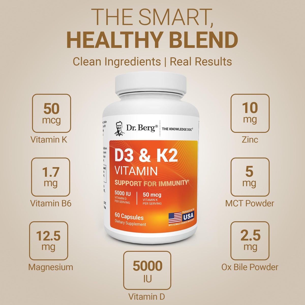 Dr. Berg 5000 IU vitamin D3 with 50 mcg K2 capsules side angle view