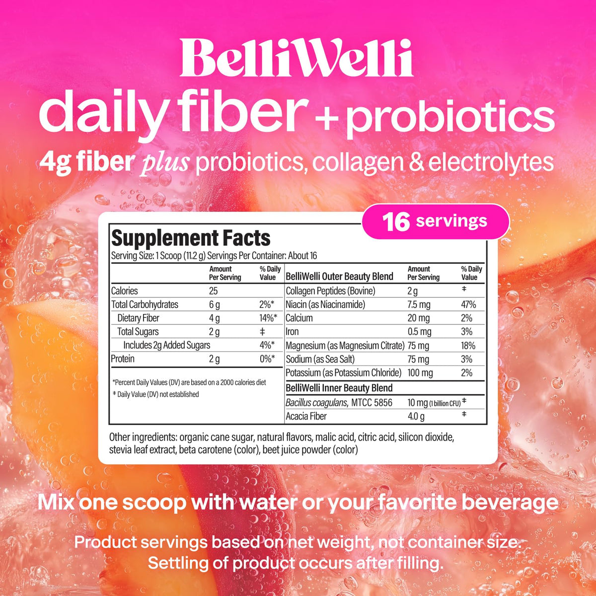 Belli Welli prebiotic fiber powder containers with organic ingredients callouts