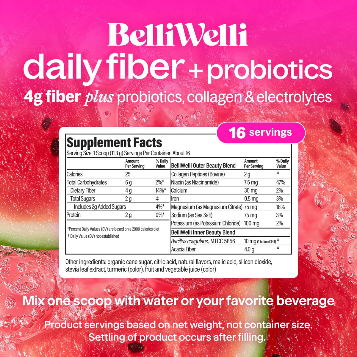 Belli Welli gut health drink mix nutritional facts panel detailing probiotic counts
