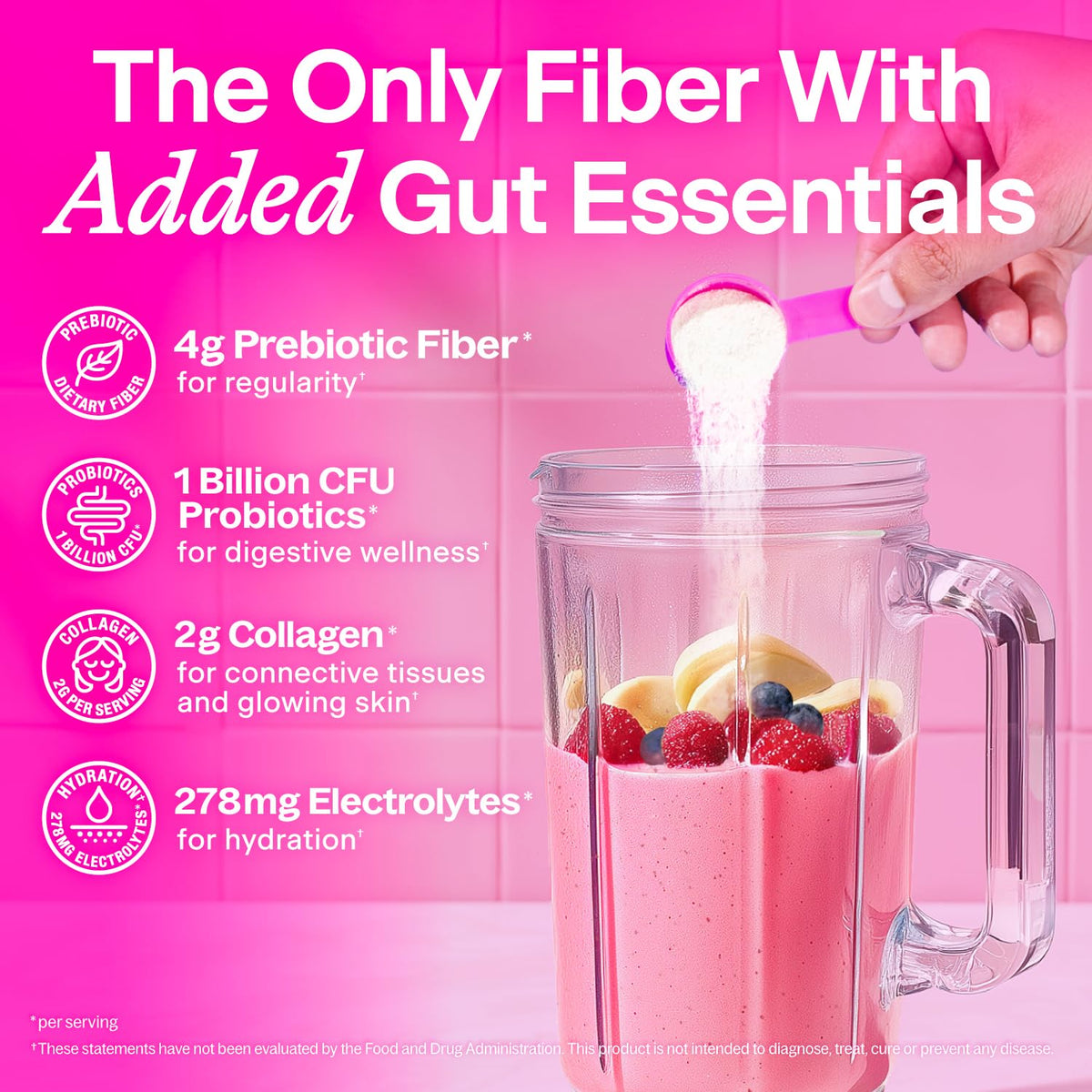 Side angle of Belli Welli Daily Fiber container highlighting the four-in-one nutrition formula