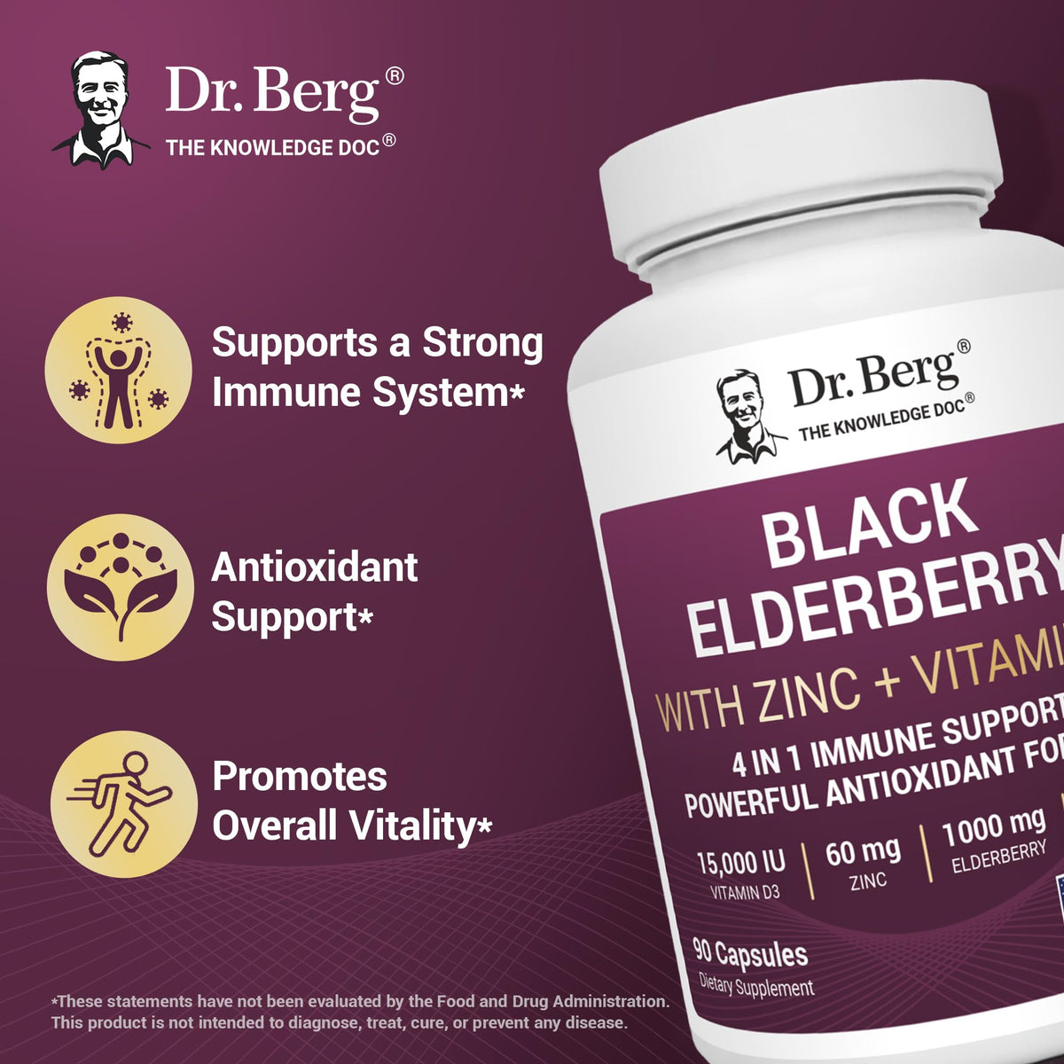 Dr. Berg Black Elderberry with Vitamin D3 and Zinc capsule sizes and texture close-up