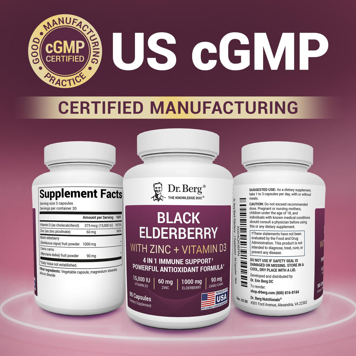 Dr. Berg Advanced Immune Support 90 capsules side panel showing cGMP manufacturing details
