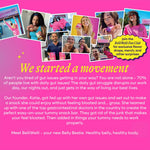 Side view of BelliWelli packaging emphasizing the zero sugar alcohol and IBS friendly product benefits.