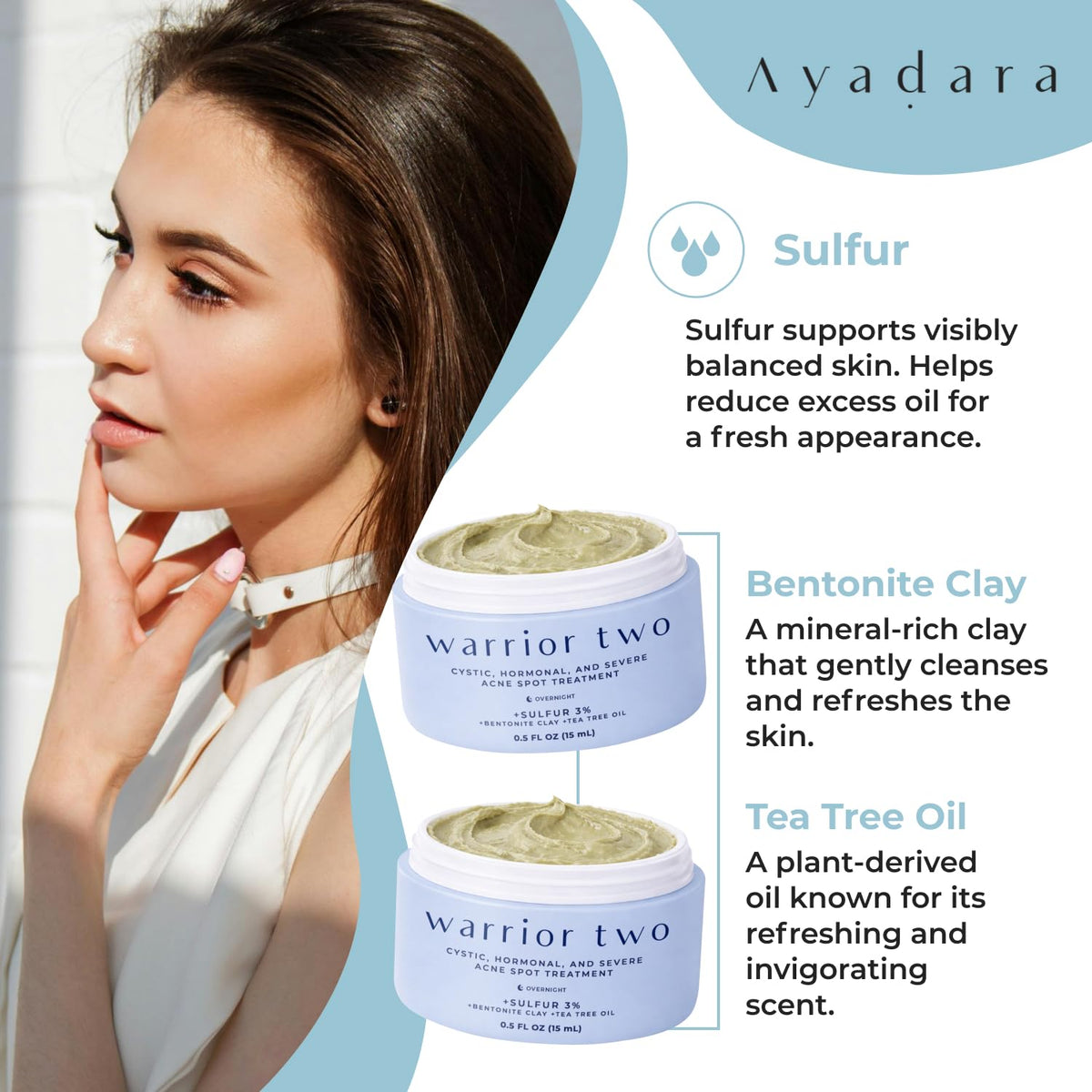 Ayadara natural sulfur and tea tree oil cream jar for clearing chest and back blemishes