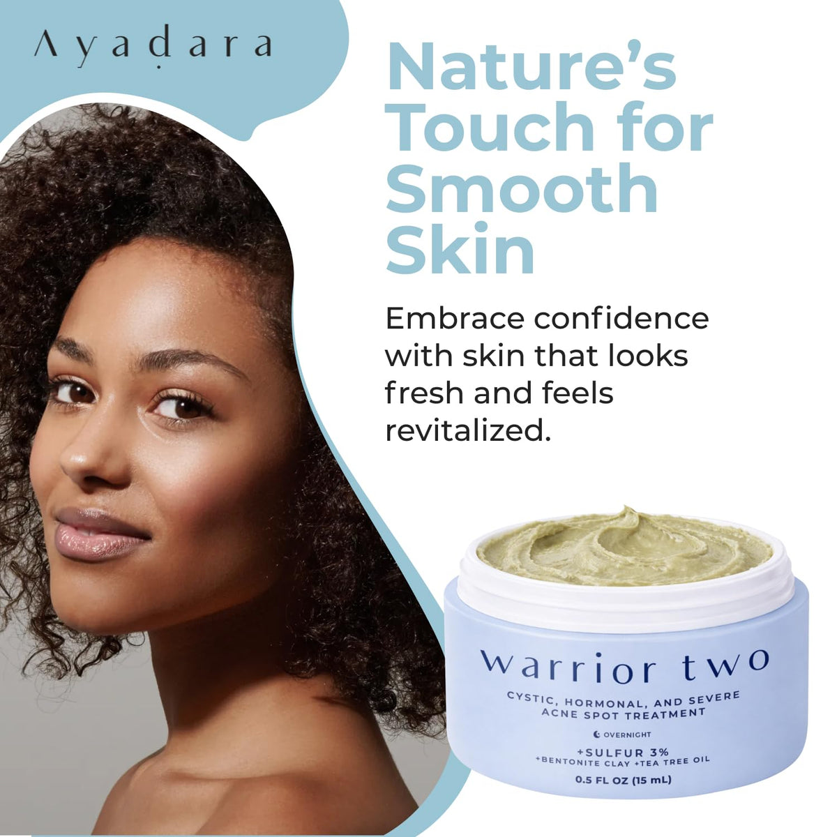 Ayadara acne spot cream packaging box showcasing clean beauty ingredients for sensitive skin
