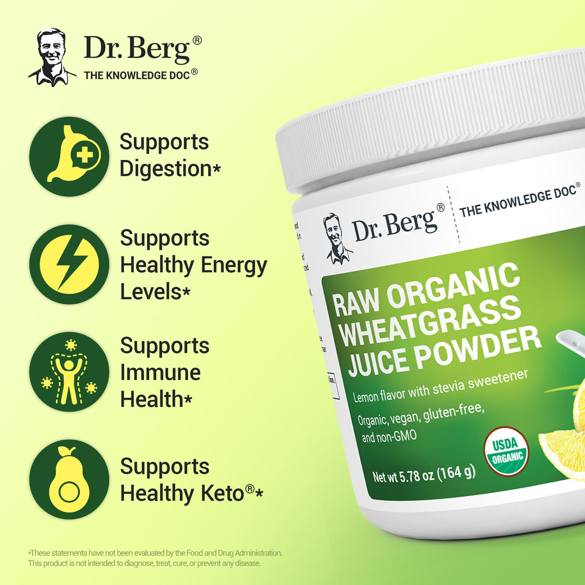 Dr. Berg wheatgrass juice powder container showing USDA Organic and Non GMO certified labels
