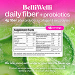 BelliWelli Cucumber Lime Mint fiber supplement tub highlighting ingredients like collagen and probiotics.