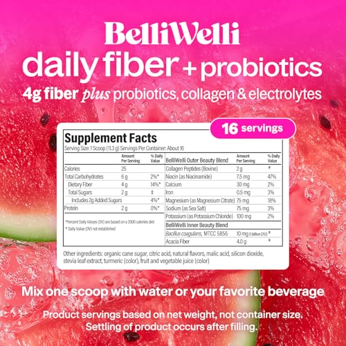 BelliWelli Watermelon flavor daily fiber powder tub displaying nutritional facts and serving size.