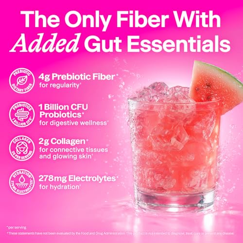 Scoop of fine BelliWelli acacia fiber powder next to a refreshing glass of mixed wellness drink.