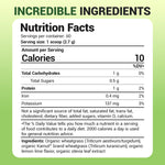 Close up of Dr. Berg lemon flavored wheatgrass juice powder container showing keto and vegan dietary attributes