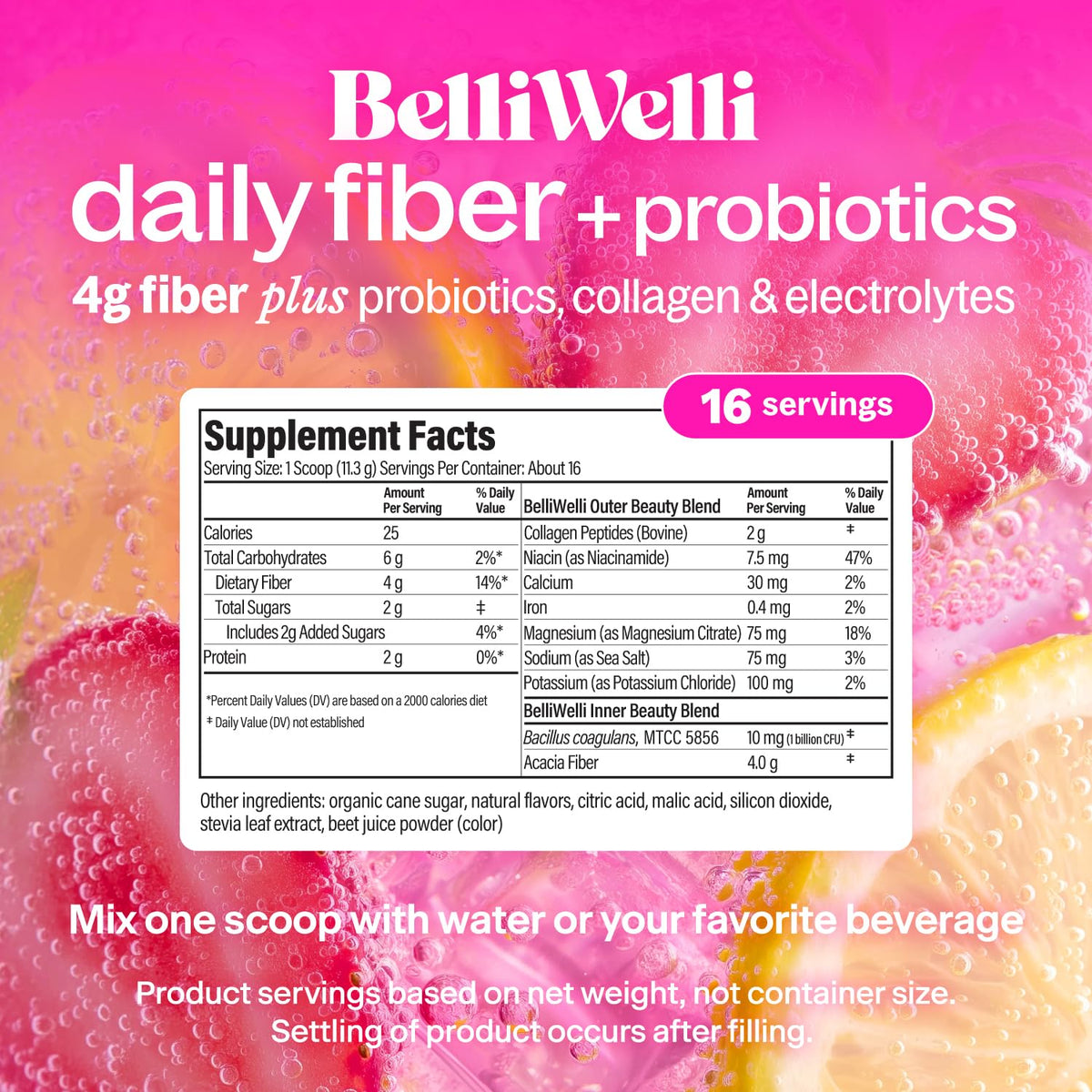 Belli Welli digestive health powder mix display with nutritional facts highlighting organic acacia fiber.