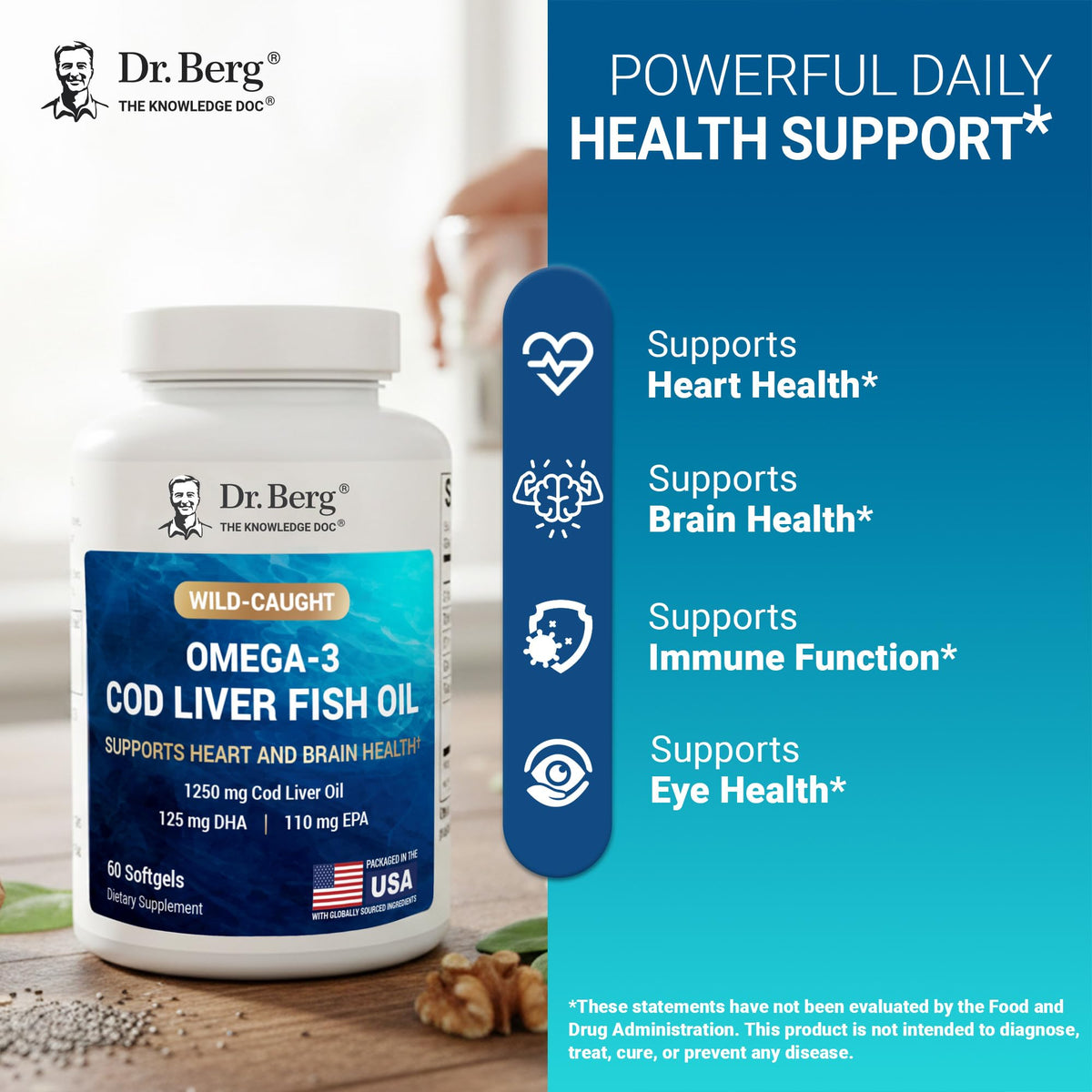 Dr. Berg EPA and DHA rich cod liver oil capsules for heart and brain support