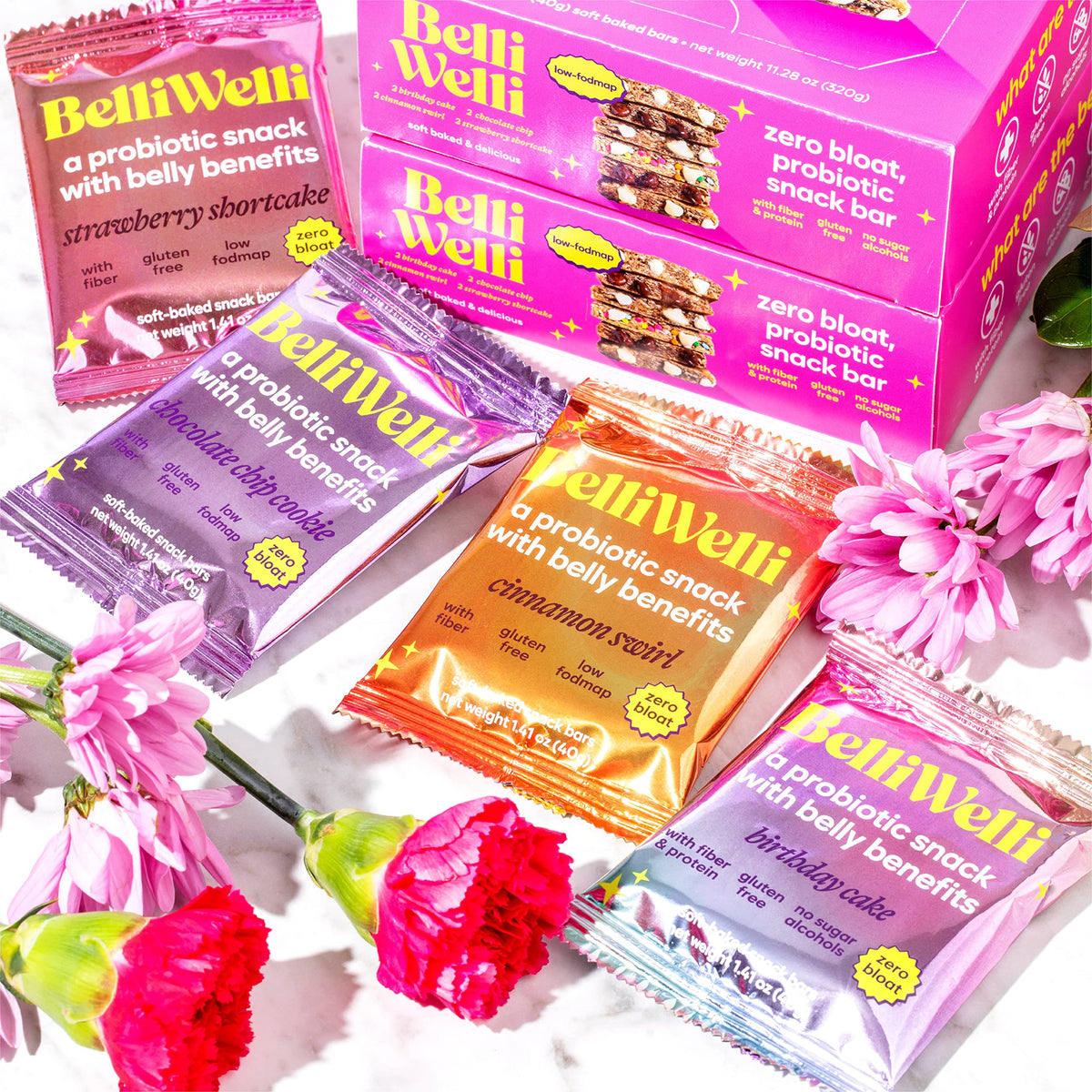 BelliWelli zero bloat snack bars displayed next to natural oat and chia ingredients