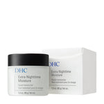 DHC night cream jar with packaging box showing key ingredients like vitamin e