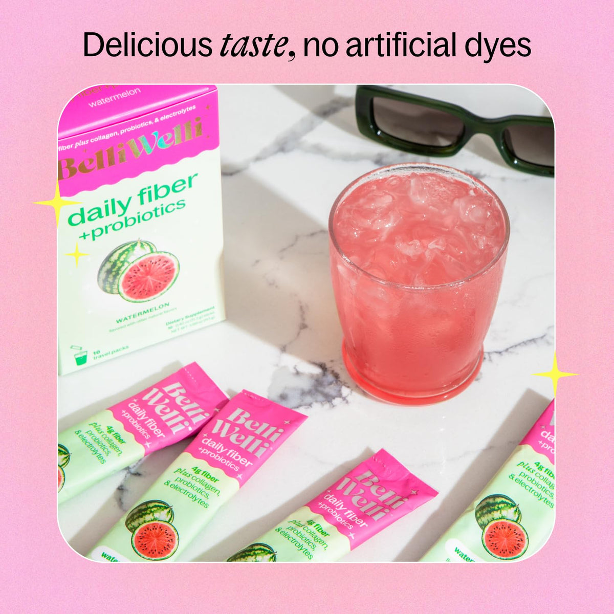 Belli Welli 4-in-1 daily fiber powder stick packs showing watermelon flavor details
