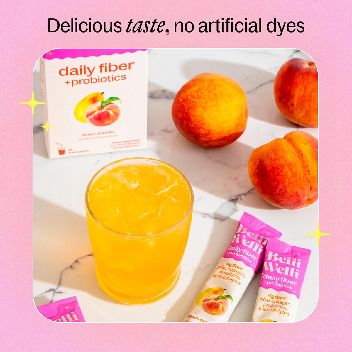 Belli Welli daily fiber powder individual travel stick pack close up.