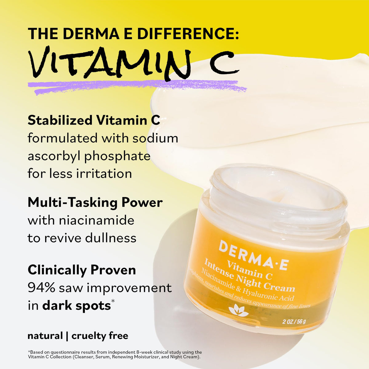 Derma E facial moisturizing night cream container placed alongside its original retail box.