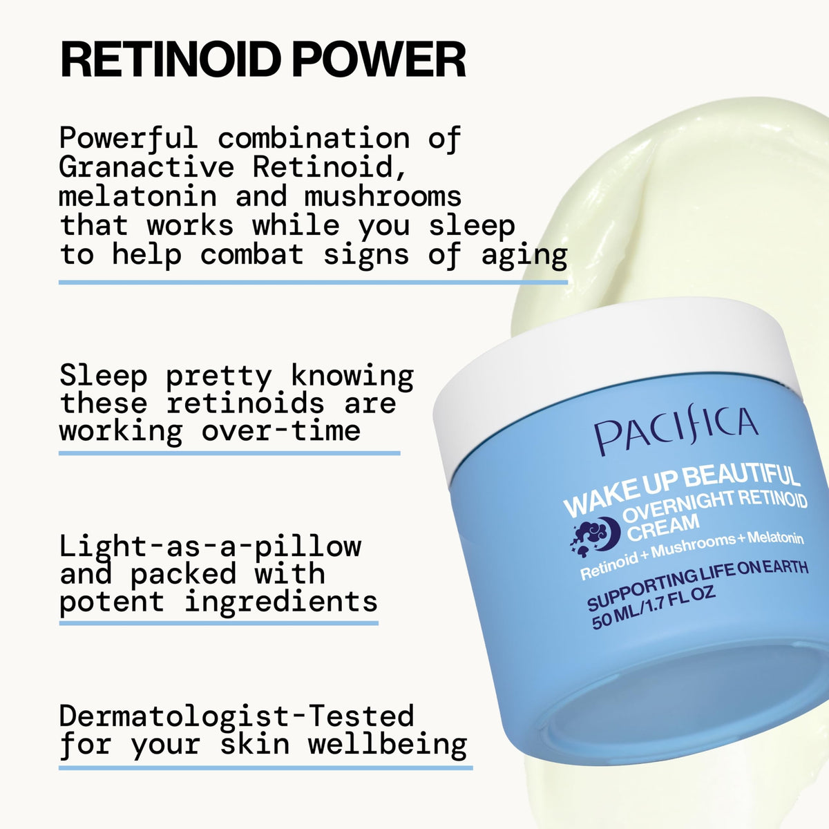 Side view of the imported anti-aging night cream jar highlighting the key active ingredient callouts.