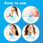 Infographic image of PatchRx acne patch turning white as it absorbs fluid and oil over an eight hour period