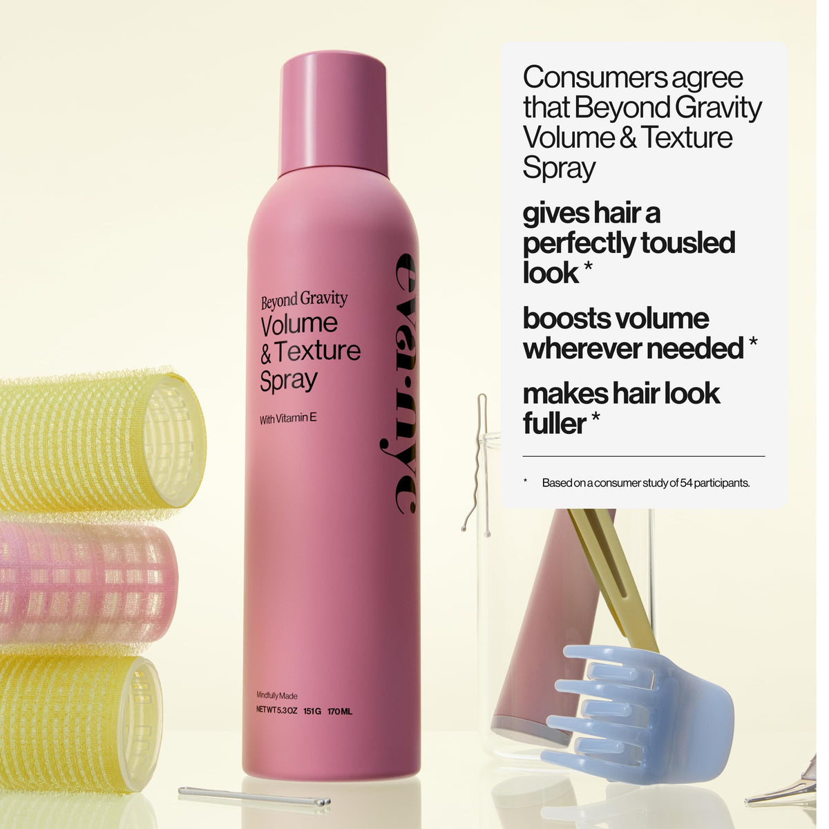 Eva NYC Beyond Gravity aerosol can detailing Vitamin E benefits for hair