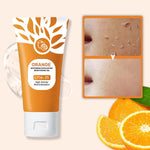 Orange enzyme moisturizing exfoliator tubes showcasing ingredients and product labeling.