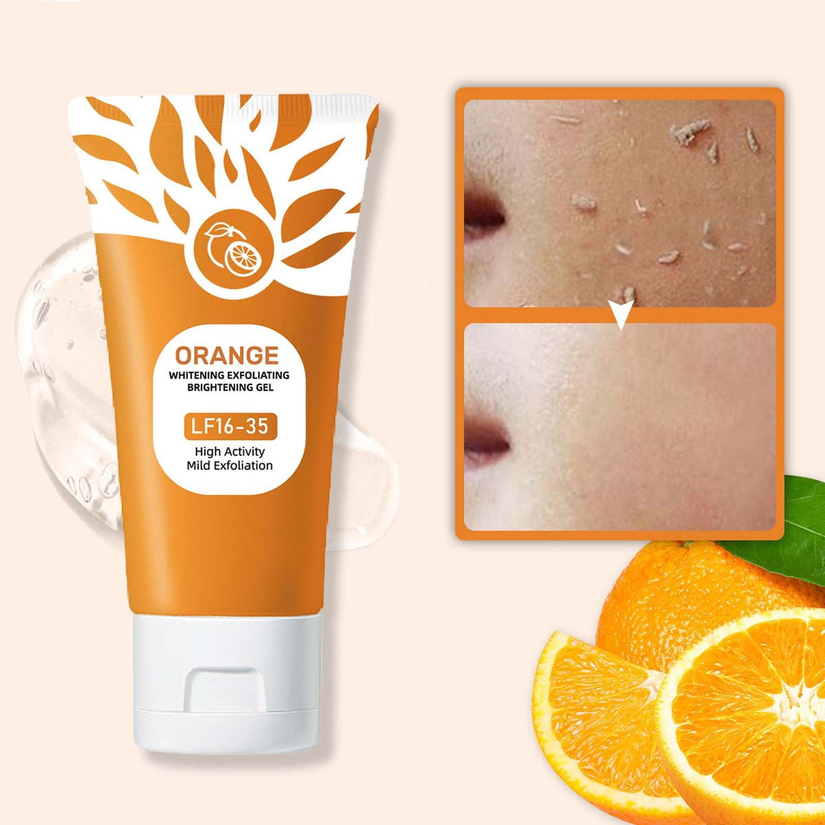 Orange enzyme moisturizing exfoliator tubes showcasing ingredients and product labeling.