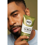 Close-up of olive green packaging for SoftSheen-Carson Magic grooming scrub