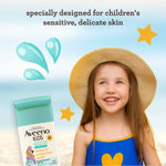 Aveeno Kids Continuous Protection sunscreen stick close-up highlighting the zinc oxide active ingredient text