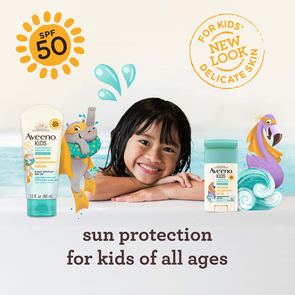 Pediatrician tested Aveeno Kids 1.5 Ounce mineral sunscreen stick displaying the pure oat essence benefit