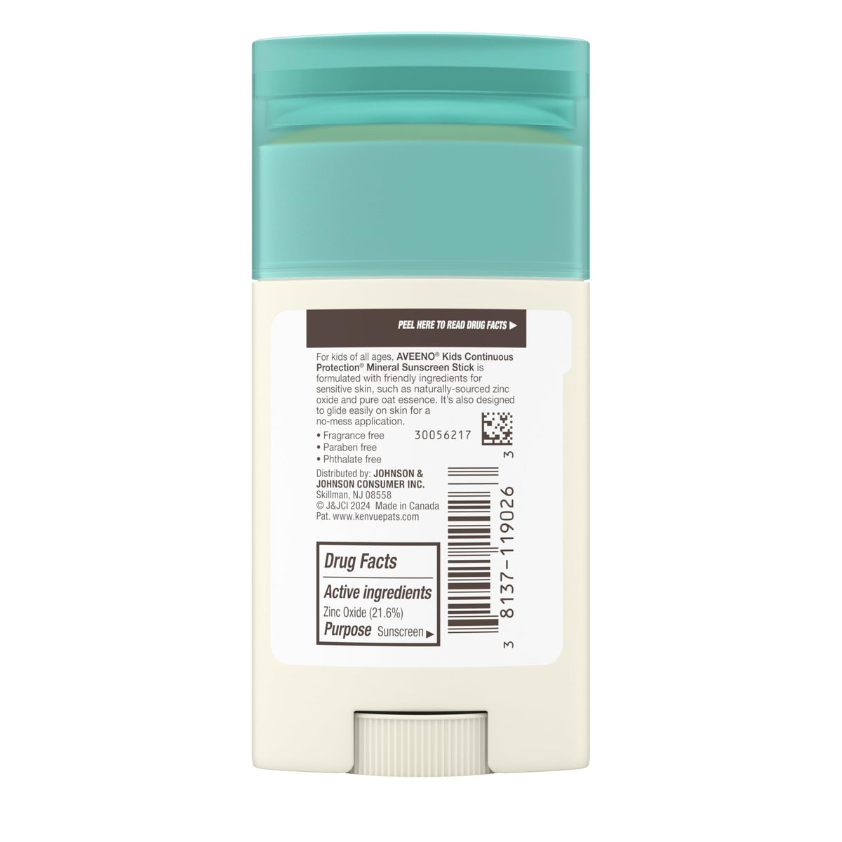 USA imported Aveeno Kids mineral sunscreen stick SPF 50 showing authentic barcode and manufacturing details