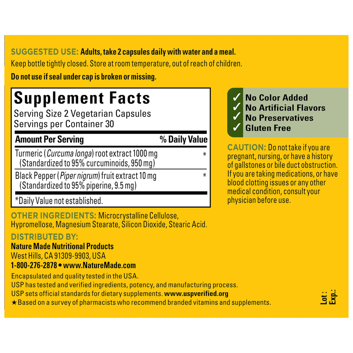 Nature Made Turmeric Curcumin ninety five percent curcuminoids certification label
