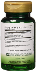 Side profile of Windmill Valerian Root 60 capsules bottle displaying product purity details and allergen warnings