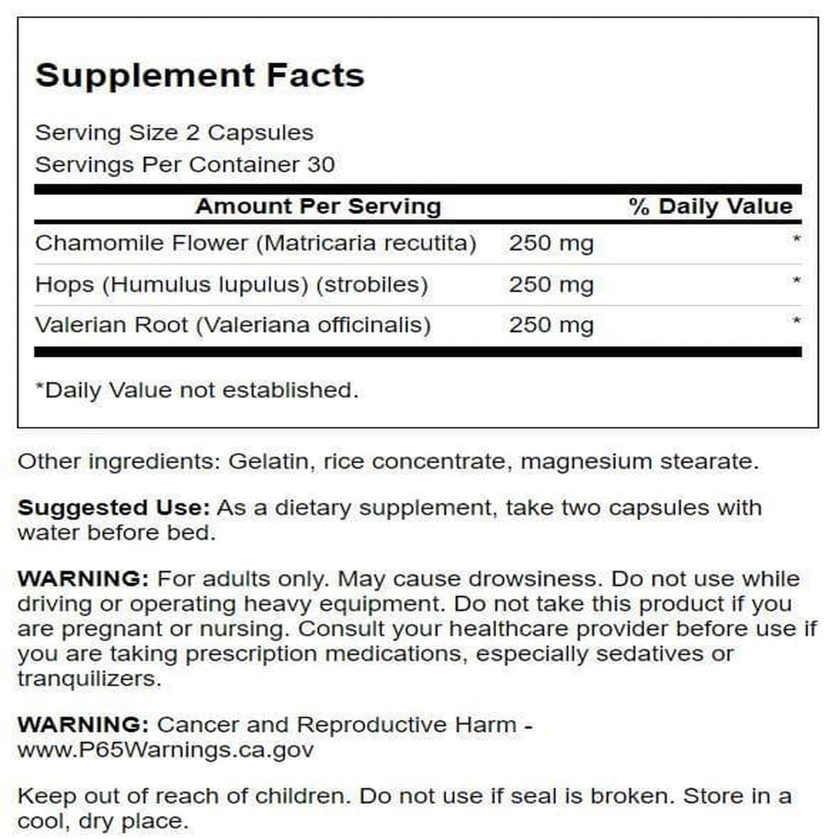 Back Label Showing Ingredients And Suggested Use For Relaxation Supplement