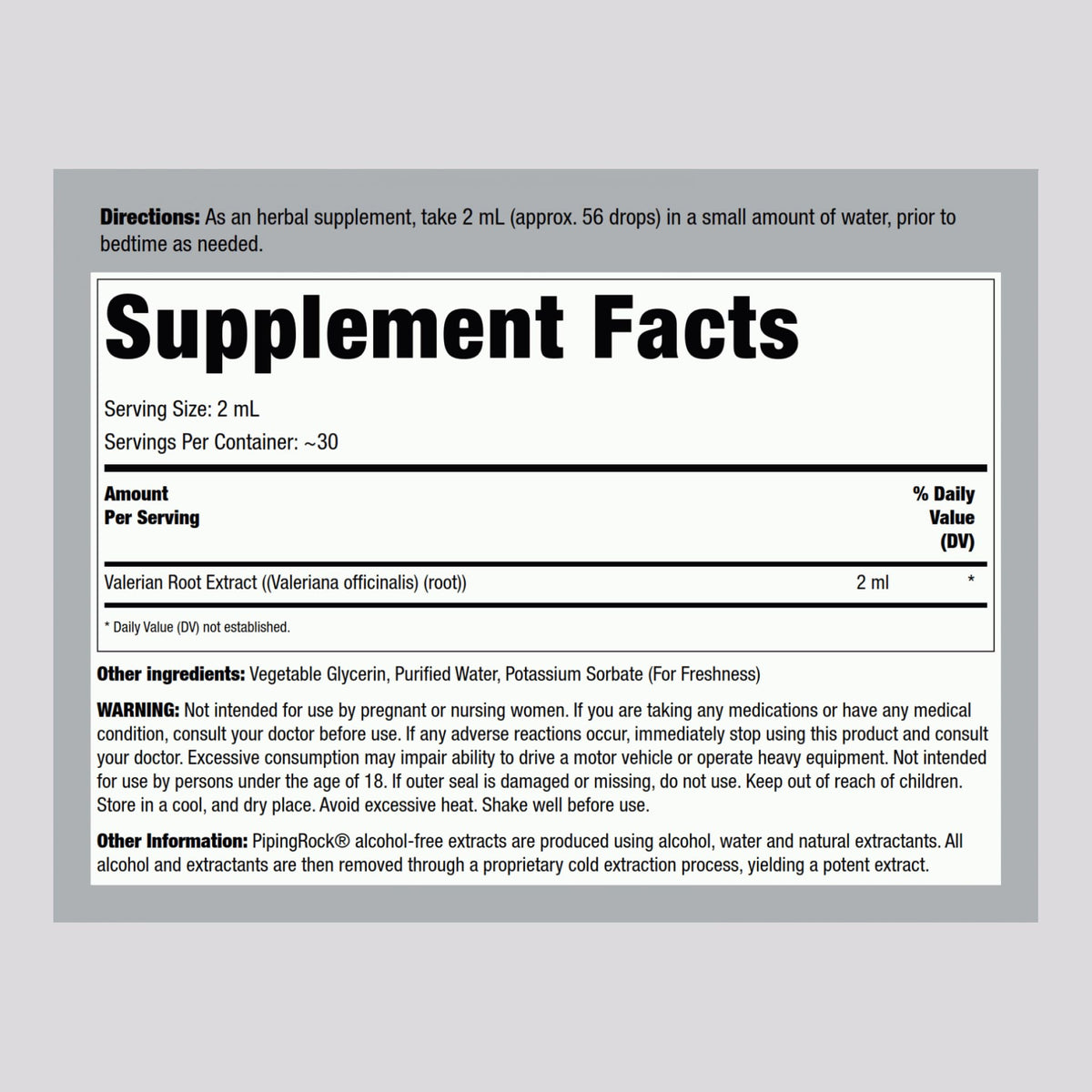 Piping Rock Valerian Root liquid extract supplement label details
