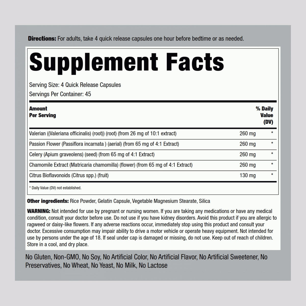 Piping Rock Calm Caps supplement showing the herbal blend ingredient list.