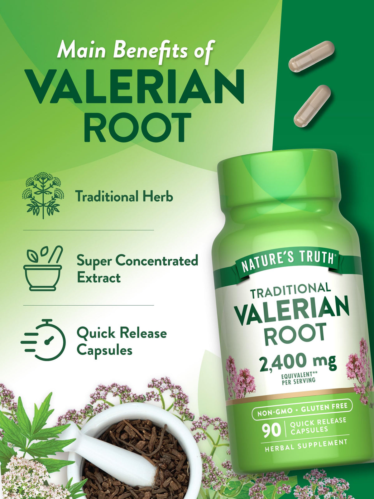 Dropy India imported valerian root 2400 milligrams ninety count bottle packaging view