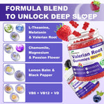 Glagmrry sugar free sleep gummies bottle angled shot detailing the blend of valerian root extract, melatonin, and L-theanine.