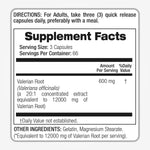 Back label view of Fito Medics Lab Valerian Root 12000mg concentrated extract listing ingredients and serving specifications.