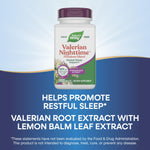 Nature's Way Valerian Nighttime 320mg tablets displayed next to the product bottle packaging.