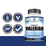 Full product packaging layout of the USA-manufactured organic valerian root showing manufacturing standards details.