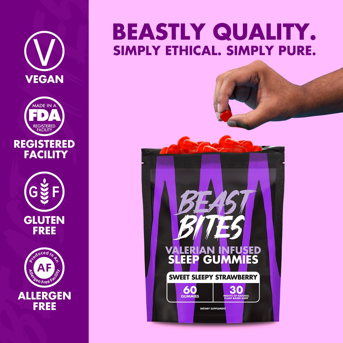 Sixty count bottle of plant-based nighttime recovery gummies for muscle relaxation