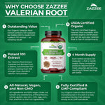 Authentic USA imported Zazzee valerian root supplement bottle side panel details.