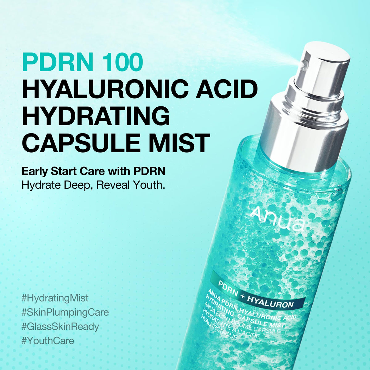 Anua PDRN Hydra Glow Capsule Mist bottle displaying salmon DNA skincare formula details